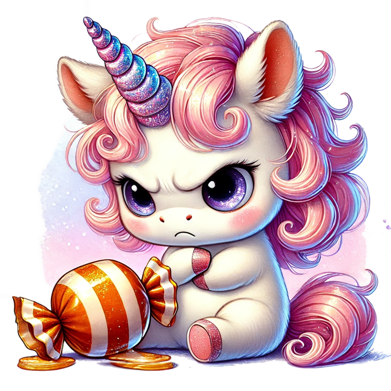 Cute cartoon unicorn with colorful hair holding a candy vinyl sticker