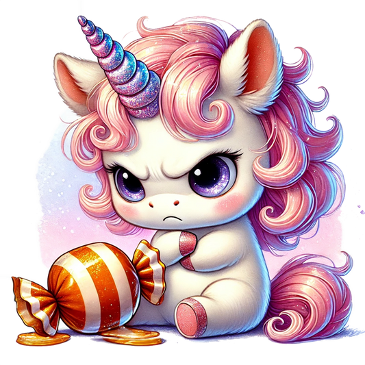 Cute cartoon unicorn with colorful hair holding a candy vinyl sticker
