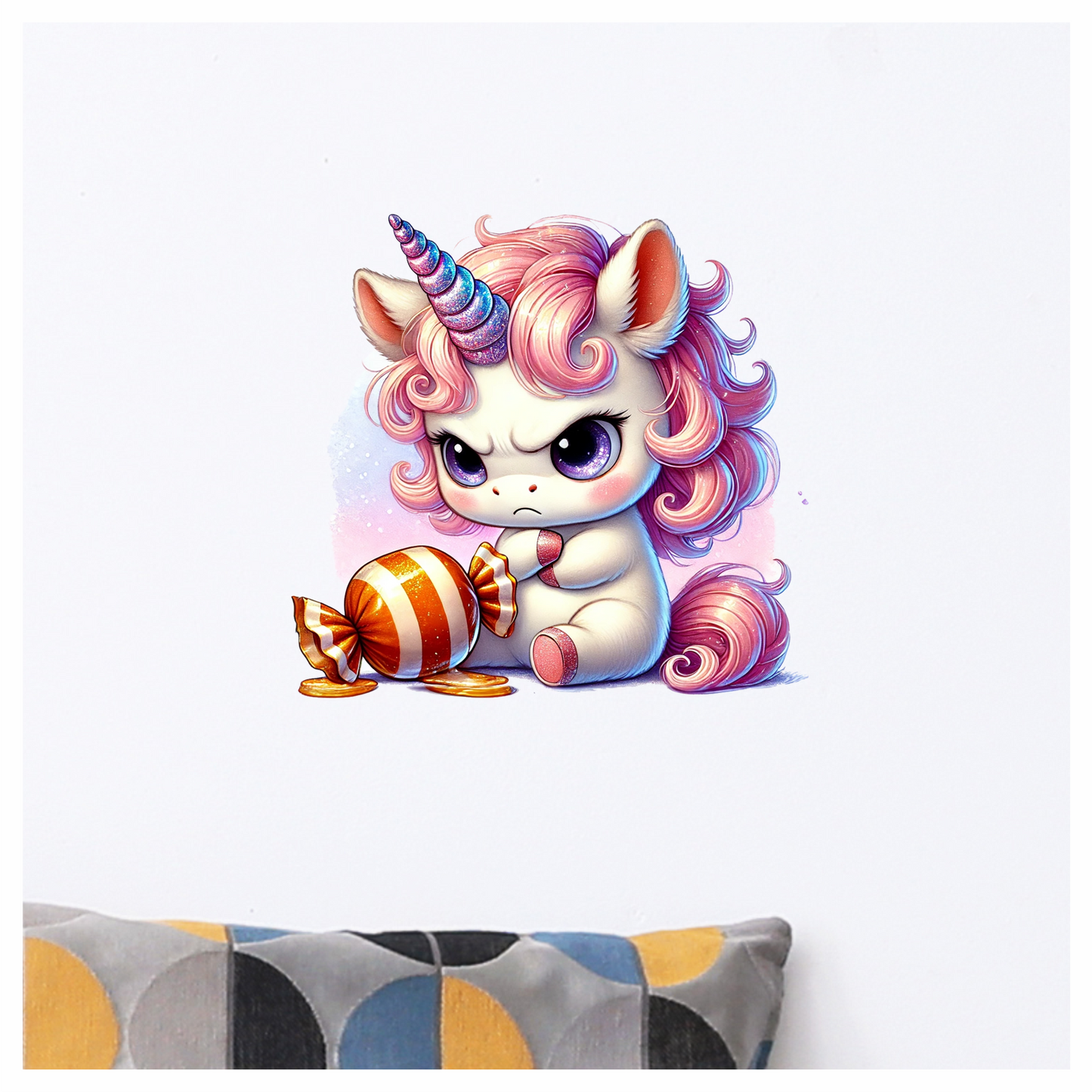 Angry Unicorn Breed Holding Orange Candy Vinyl Decal Sticker
