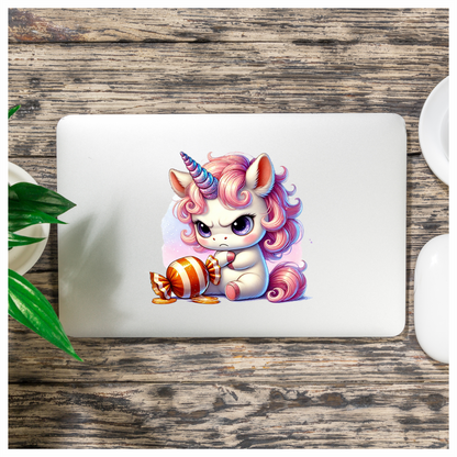 Angry Unicorn Breed Holding Orange Candy Vinyl Decal Sticker