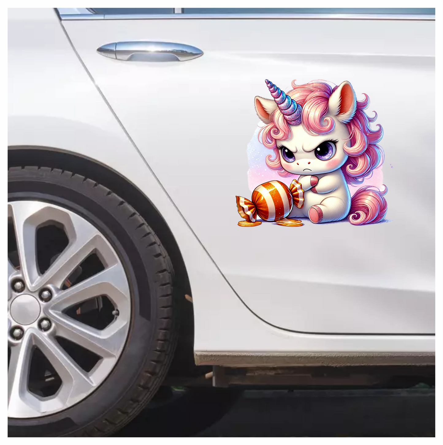 Angry Unicorn Breed Holding Orange Candy Vinyl Decal Sticker