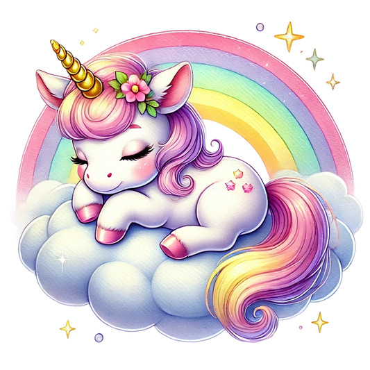 Cute unicorn with rainbow hair on a cloud with a rainbow background vinyl sticker