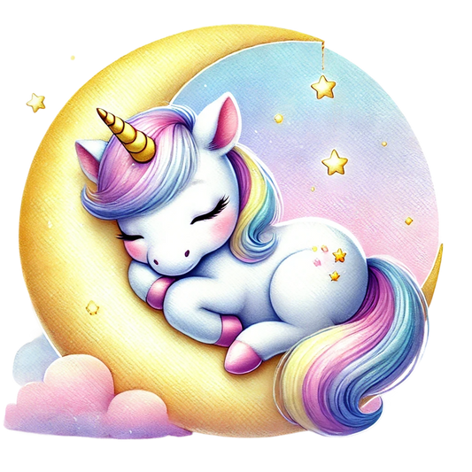 Colorful unicorn sleeping on a moon with stars in the background vinyl sticker
