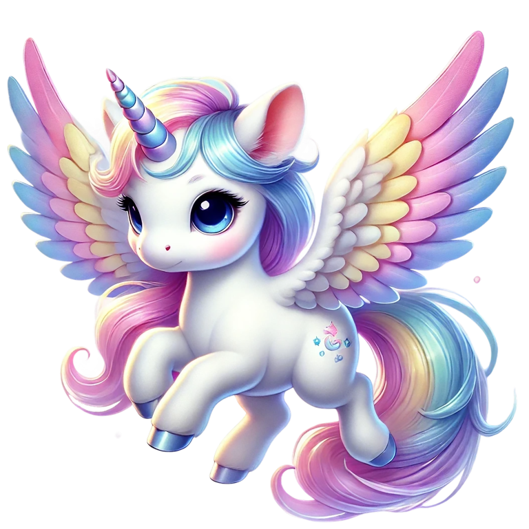 Colorful cartoon unicorn with wings on a white background