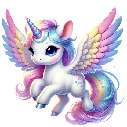 Colorful cartoon unicorn with wings on a white background