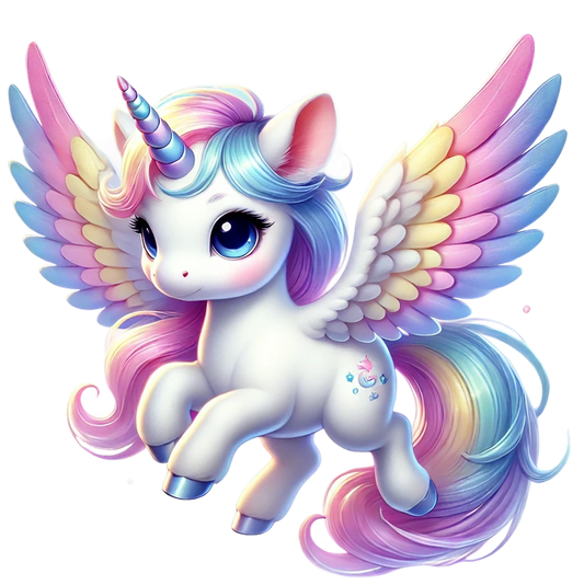 Colorful cartoon unicorn with wings on a white background