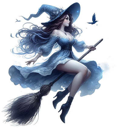 Fantasy illustration of a witch in a blue dress and hat flying on a broomstick available for purchase as a vinyl sticker