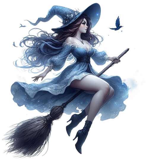 Fantasy illustration of a witch in a blue dress and hat flying on a broomstick available for purchase as a vinyl sticker