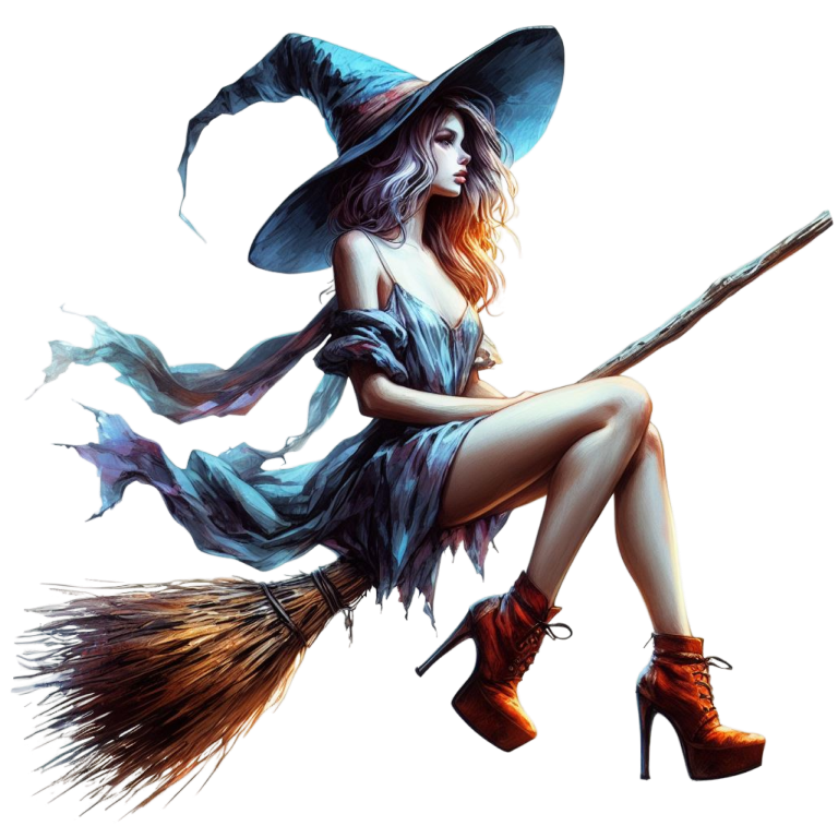Woman in witch costume with blue hat and dress, sitting on a broomstick. available to purchase as a vinyl decal