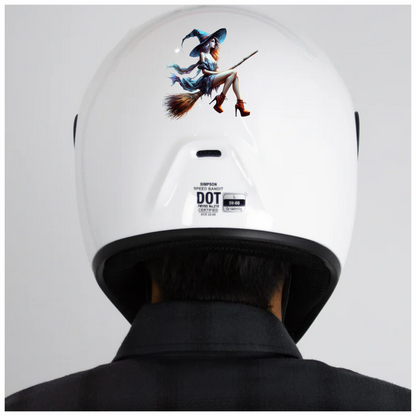 Woman in witch costume with blue hat and dress, sitting on a broomstick. Vinyl Decal Sticker