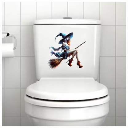 Woman in witch costume with blue hat and dress, sitting on a broomstick. Vinyl Decal Sticker