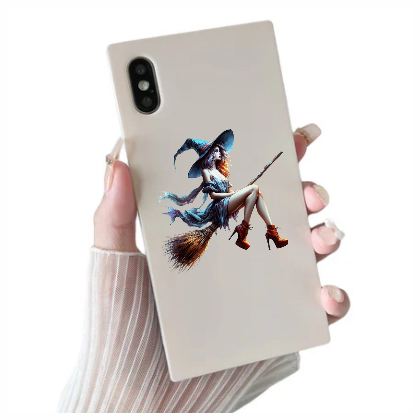 Woman in witch costume with blue hat and dress, sitting on a broomstick. Vinyl Decal Sticker