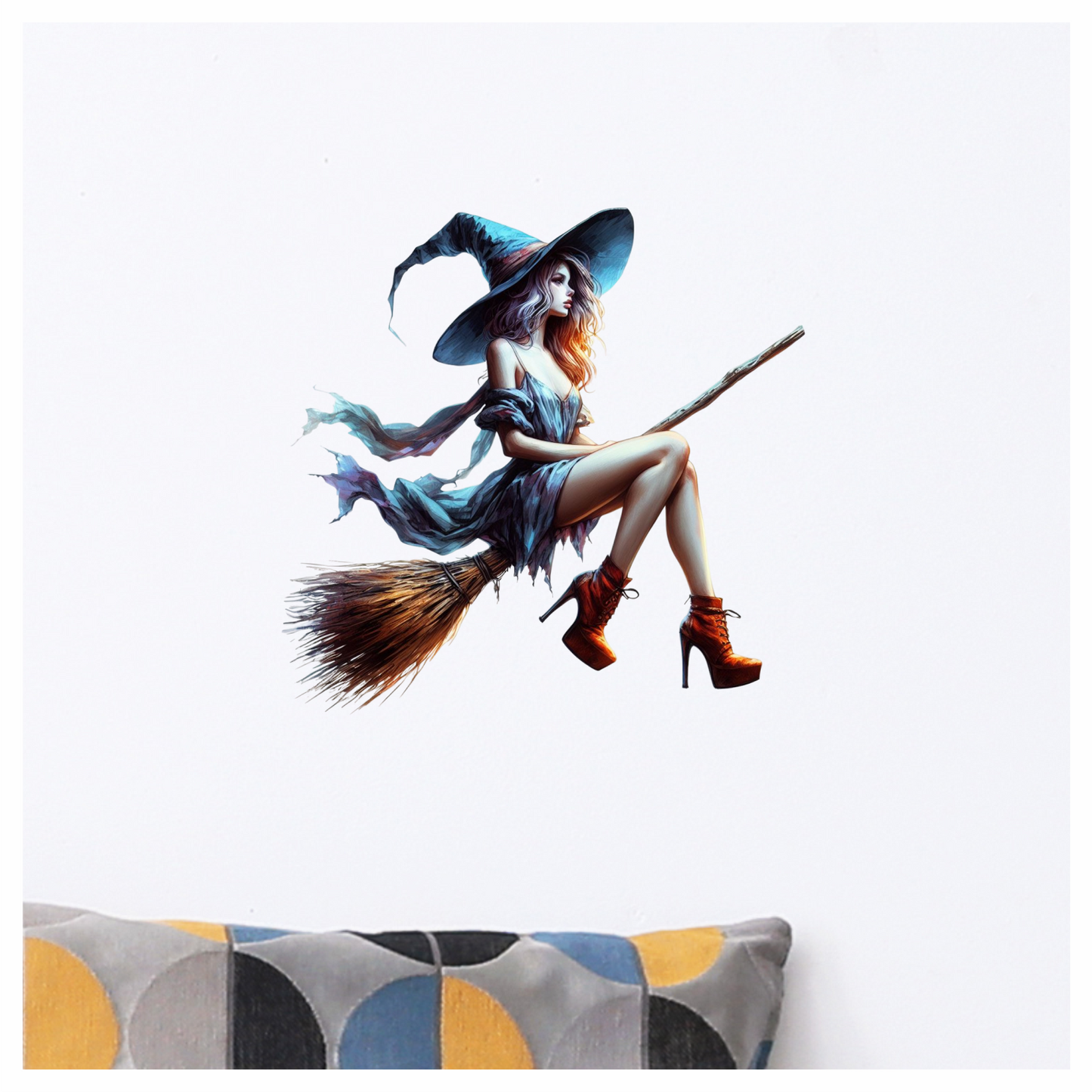 Woman in witch costume with blue hat and dress, sitting on a broomstick. Vinyl Decal Sticker
