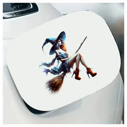 Woman in witch costume with blue hat and dress, sitting on a broomstick. Vinyl Decal Sticker