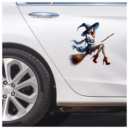 Woman in witch costume with blue hat and dress, sitting on a broomstick. Vinyl Decal Sticker