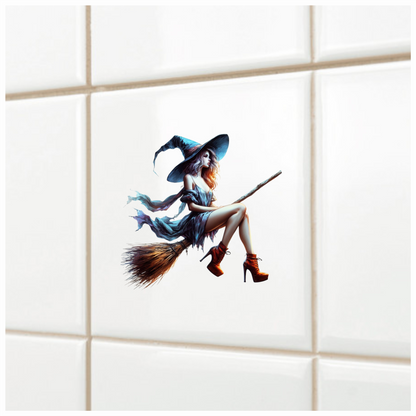 Woman in witch costume with blue hat and dress, sitting on a broomstick. Vinyl Decal Sticker
