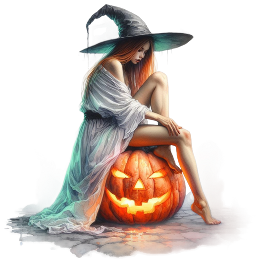 Woman in witch costume sitting on a jack-o'-lantern with a white background available to purchase as a vinyl decal