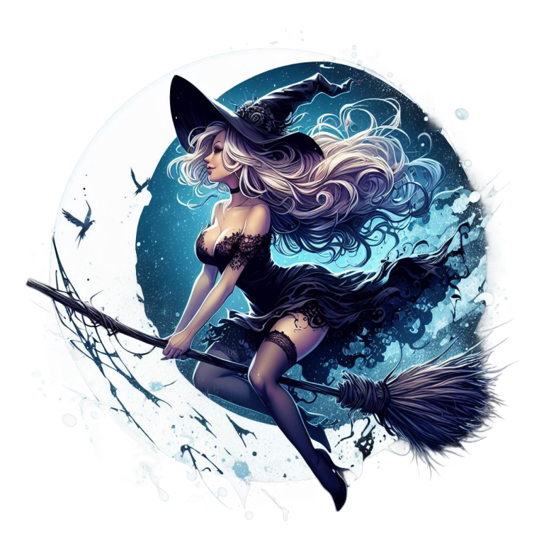 Illustration of a witch flying on a broomstick with a blue circular background available to purchase as a vinyl decal