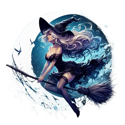 Illustration of a witch flying on a broomstick with a blue circular background available to purchase as a vinyl decal