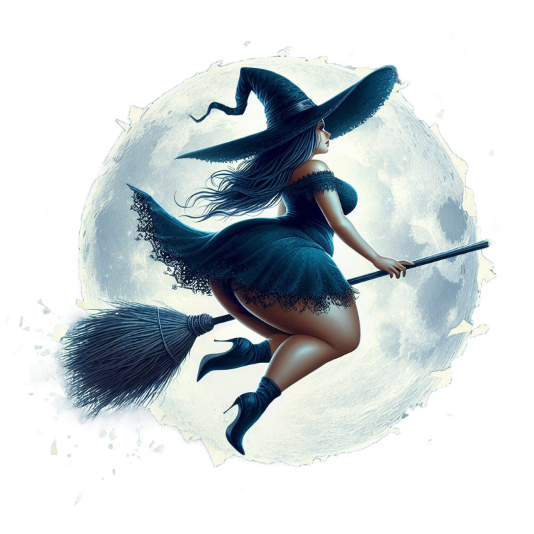 Witch flying on a broomstick against a moonlit sky available to purchase as a vinyl decal