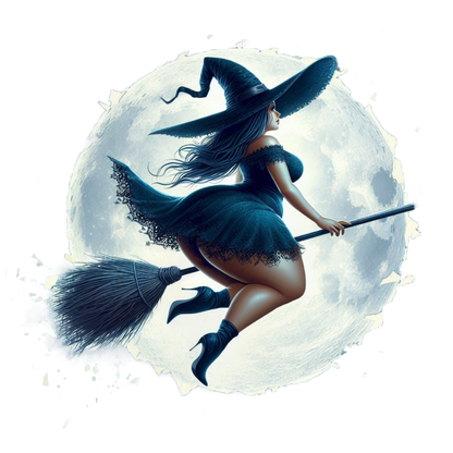 Witch flying on a broomstick against a moonlit sky available to purchase as a vinyl decal