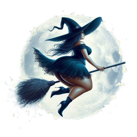 Witch flying on a broomstick against a moonlit sky available to purchase as a vinyl decal