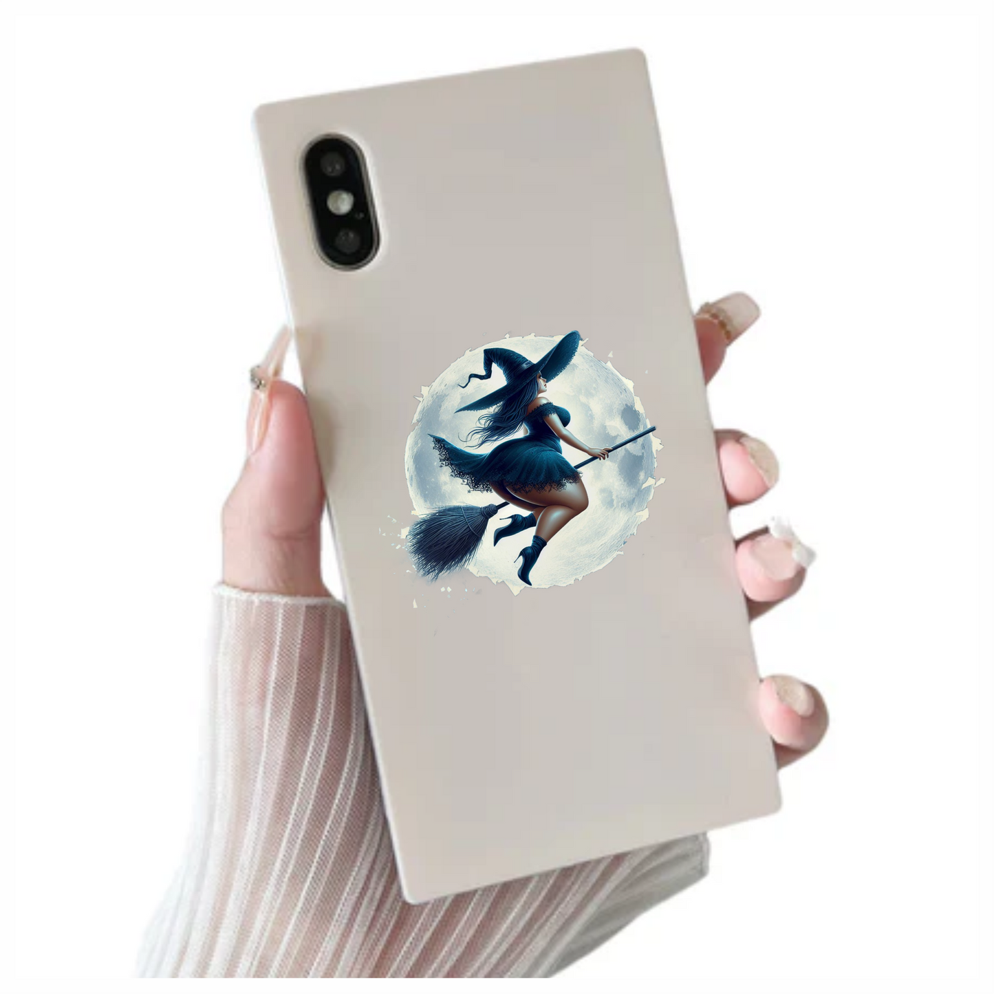 Chubby Witch on Broom In Moonlight Vinyl Decal Sticker