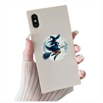Chubby Witch on Broom In Moonlight Vinyl Decal Sticker