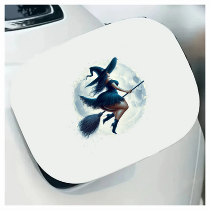 Chubby Witch on Broom In Moonlight Vinyl Decal Sticker