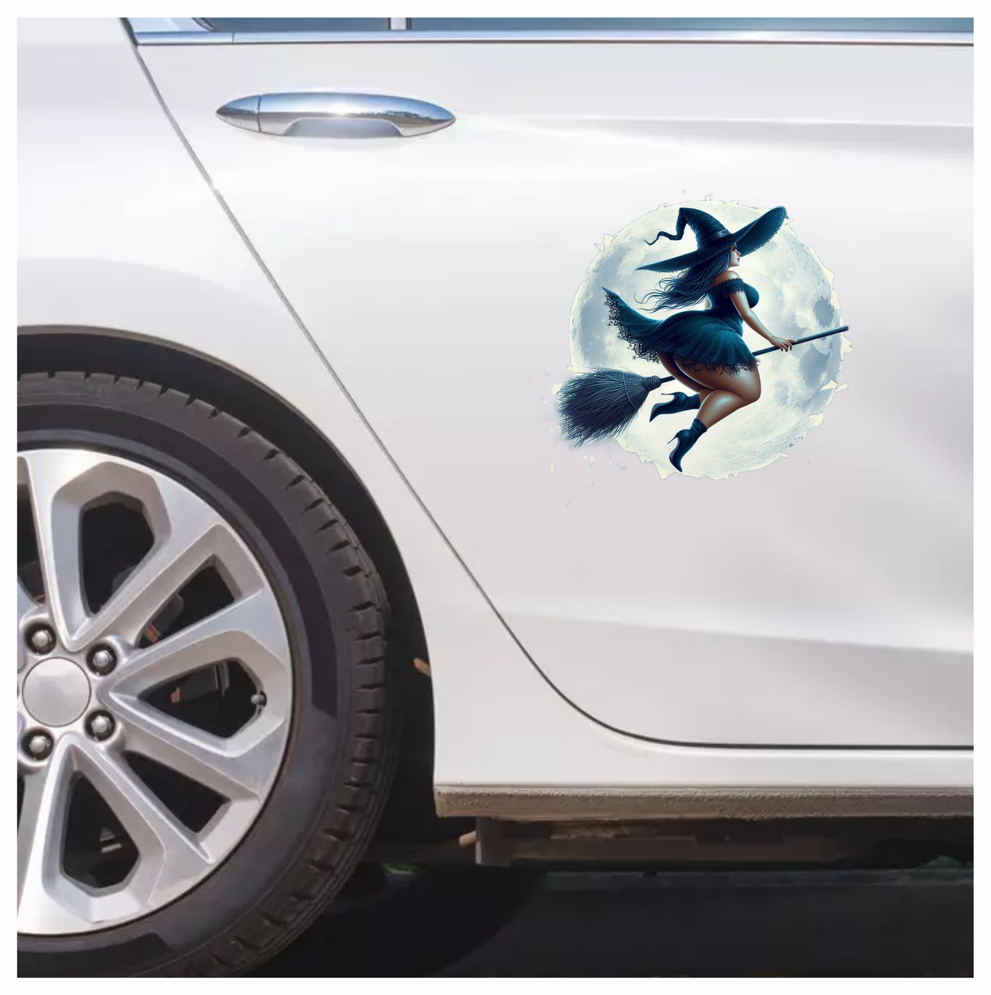 Chubby Witch on Broom In Moonlight Vinyl Decal Sticker