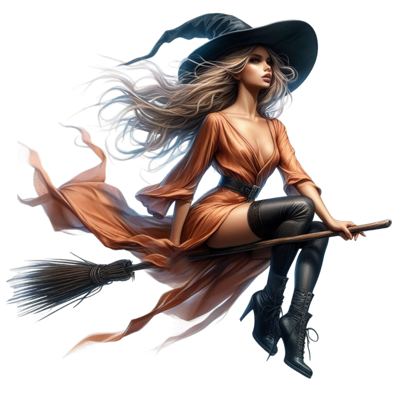 The design of theWoman in witch costume with broom on a white background that is available to purchase on this page
