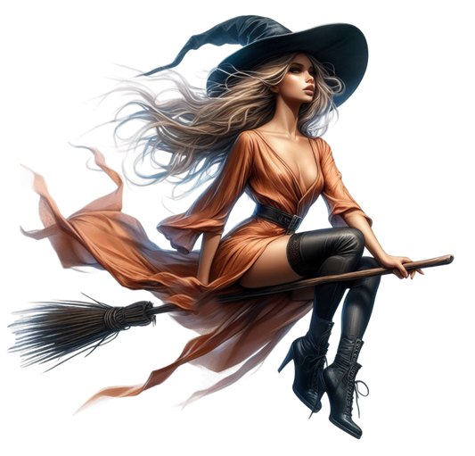 The design of theWoman in witch costume with broom on a white background that is available to purchase on this page