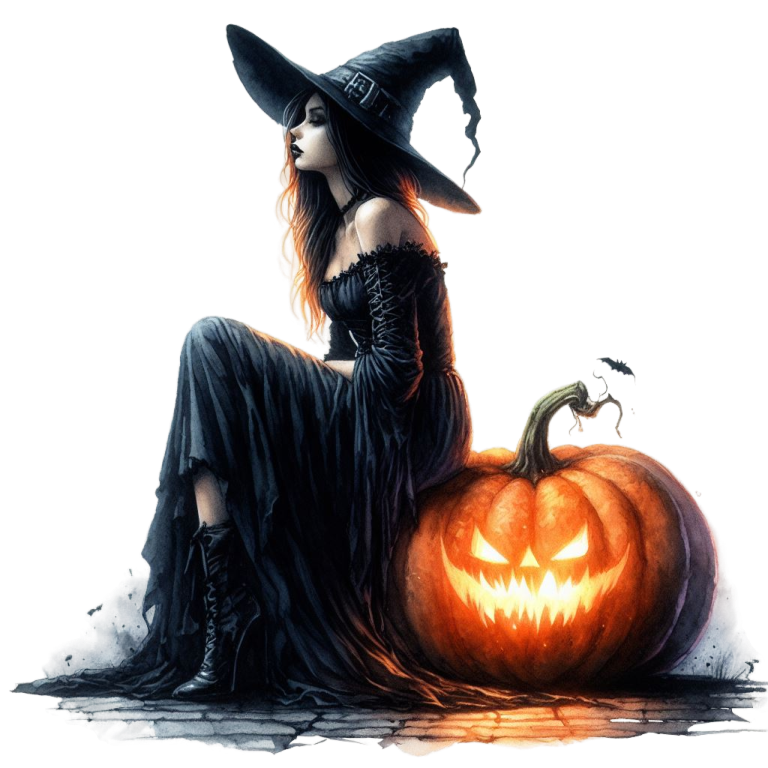 The design of the Woman in a witch costume sitting next to a carved pumpkin on a white background vinyl sticker that is available for sale