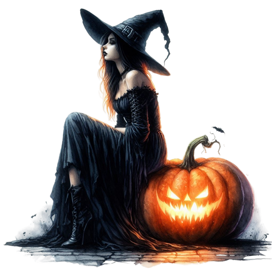The design of the Woman in a witch costume sitting next to a carved pumpkin on a white background vinyl sticker that is available for sale