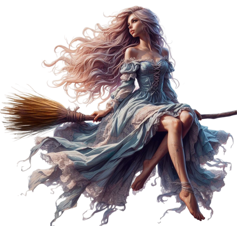 The design of the Woman in a flowing dress sitting on a broomstick against a white background that is available for sale