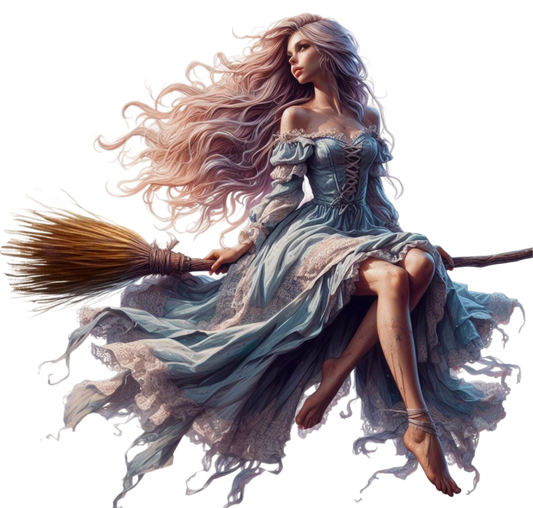 The design of the Woman in a flowing dress sitting on a broomstick against a white background that is available for sale